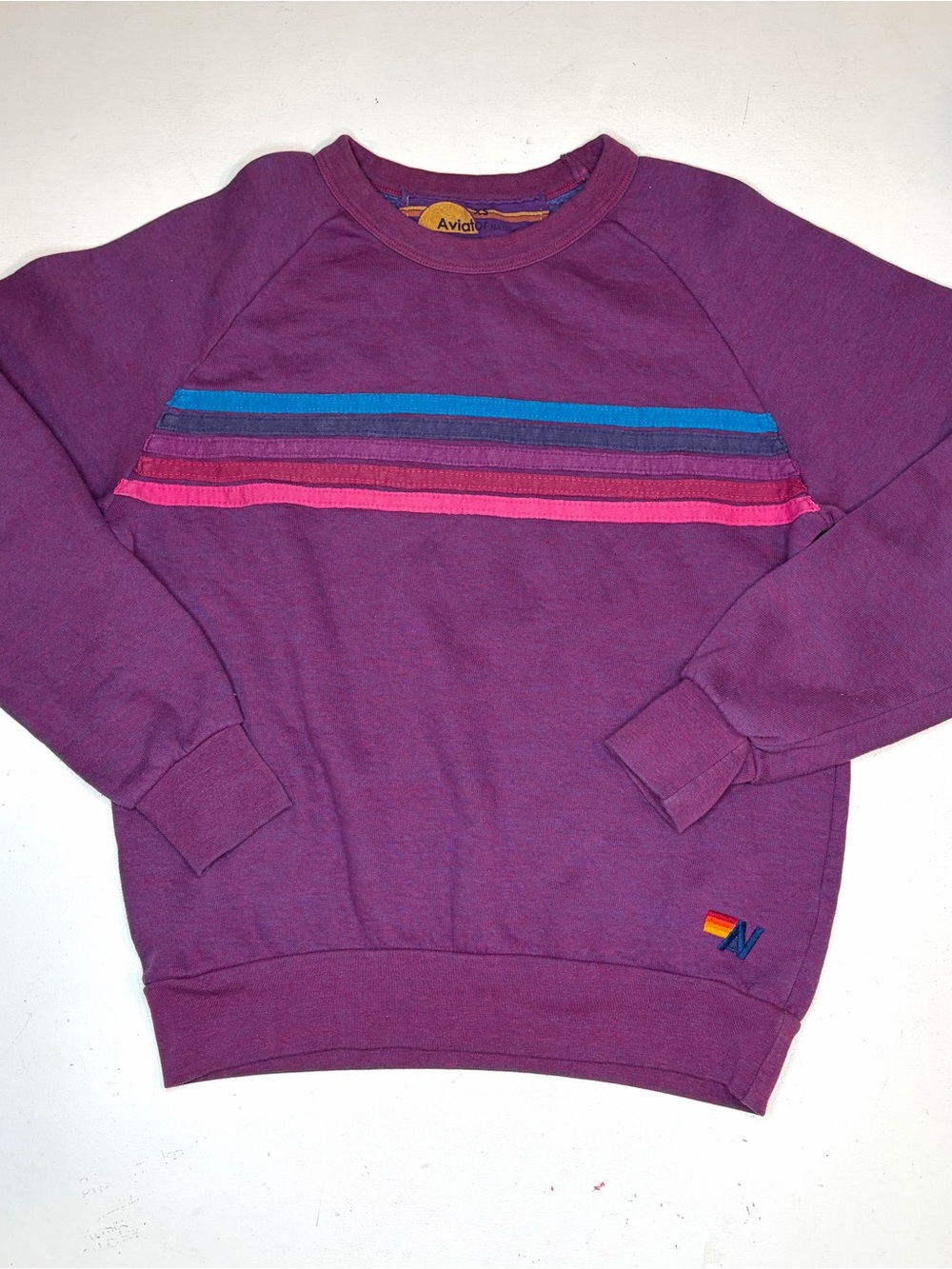 Aviator Nation Purple 5 Stripe Rainbow Raglan Crewneck Sweatshirt Sz XS